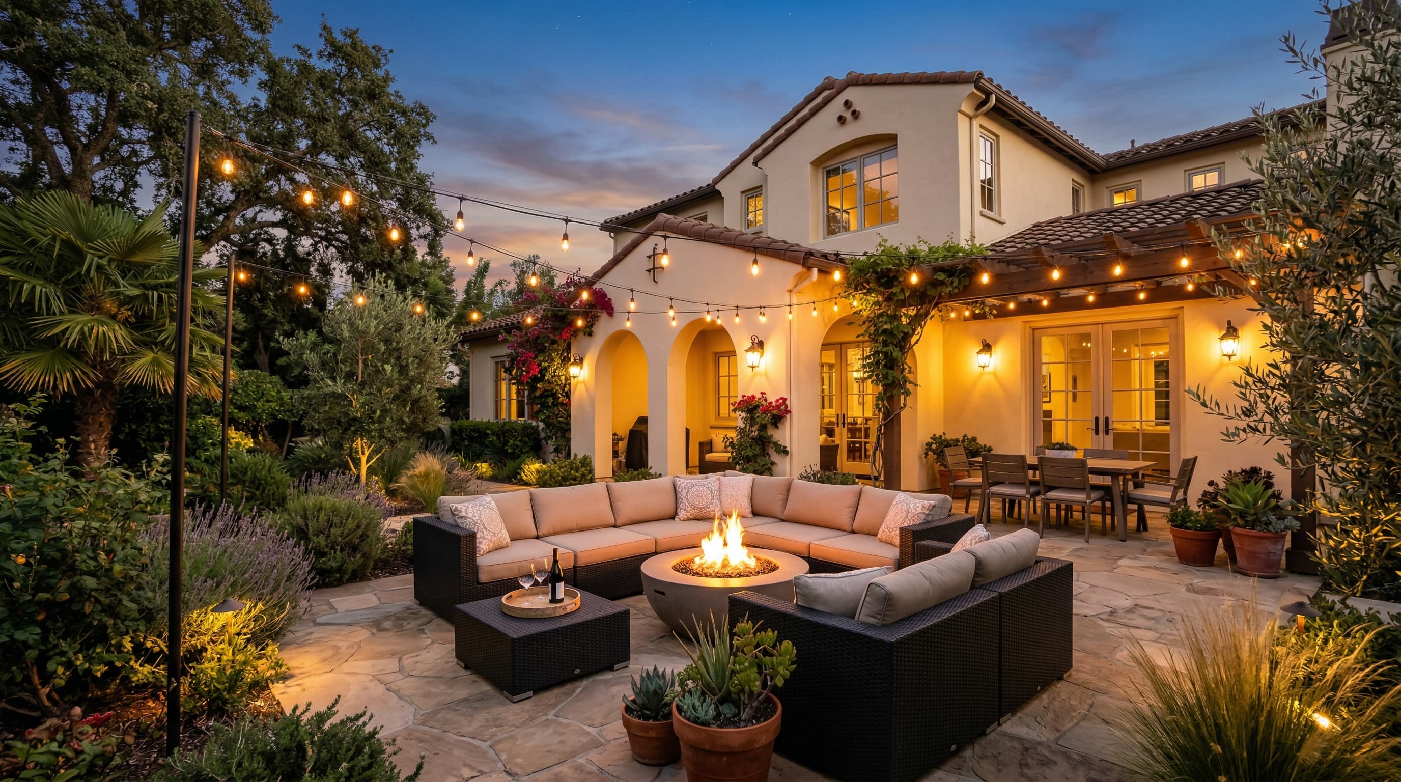 Sacramento backyard with permanent outdoor LED lights illuminating a patio dining area set up for evening entertaining with friends