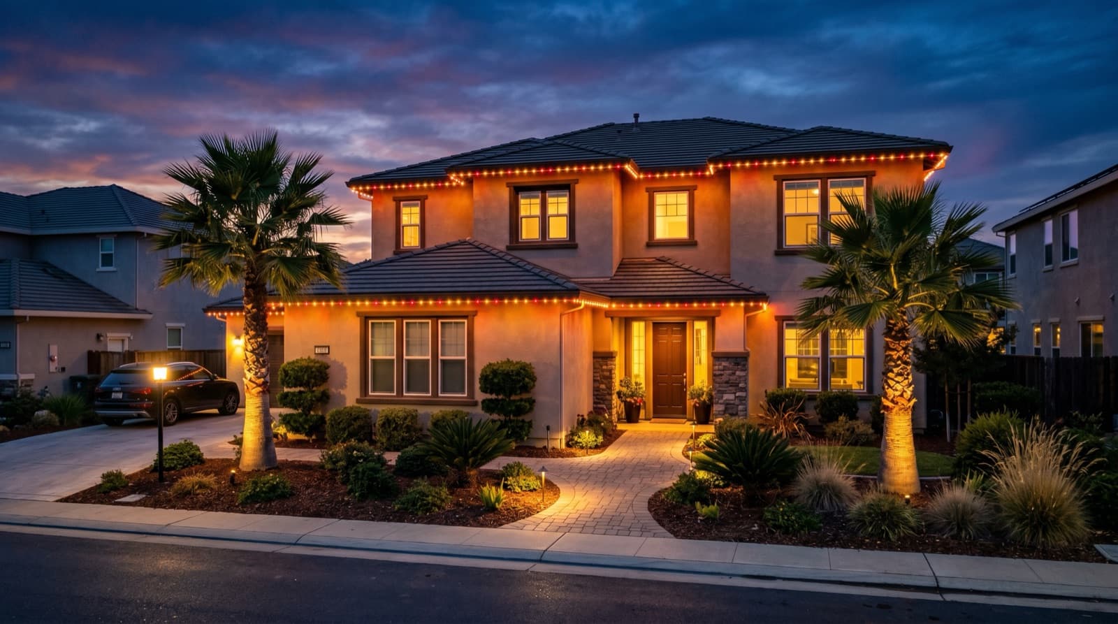 Sacramento two-story home at dusk with permanent LED outdoor lights along the roofline in warm gold and amber tones, an example of a multicultural holiday lighting setup that can shift from Diwali gold to Halloween orange to July 4th red-white-blue through the app