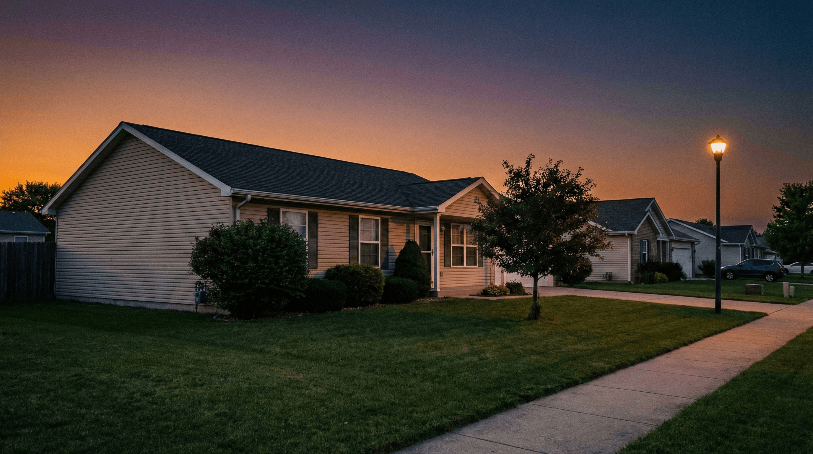 Ranch home at dusk before permanent lighting installation