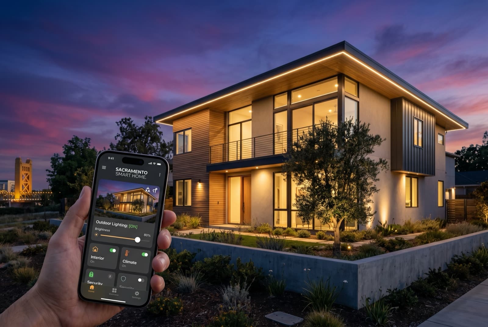 Sacramento two-story home at dusk with permanent outdoor LED lights illuminated along the roofline and a smartphone showing Matter and Thread smart home connectivity icons