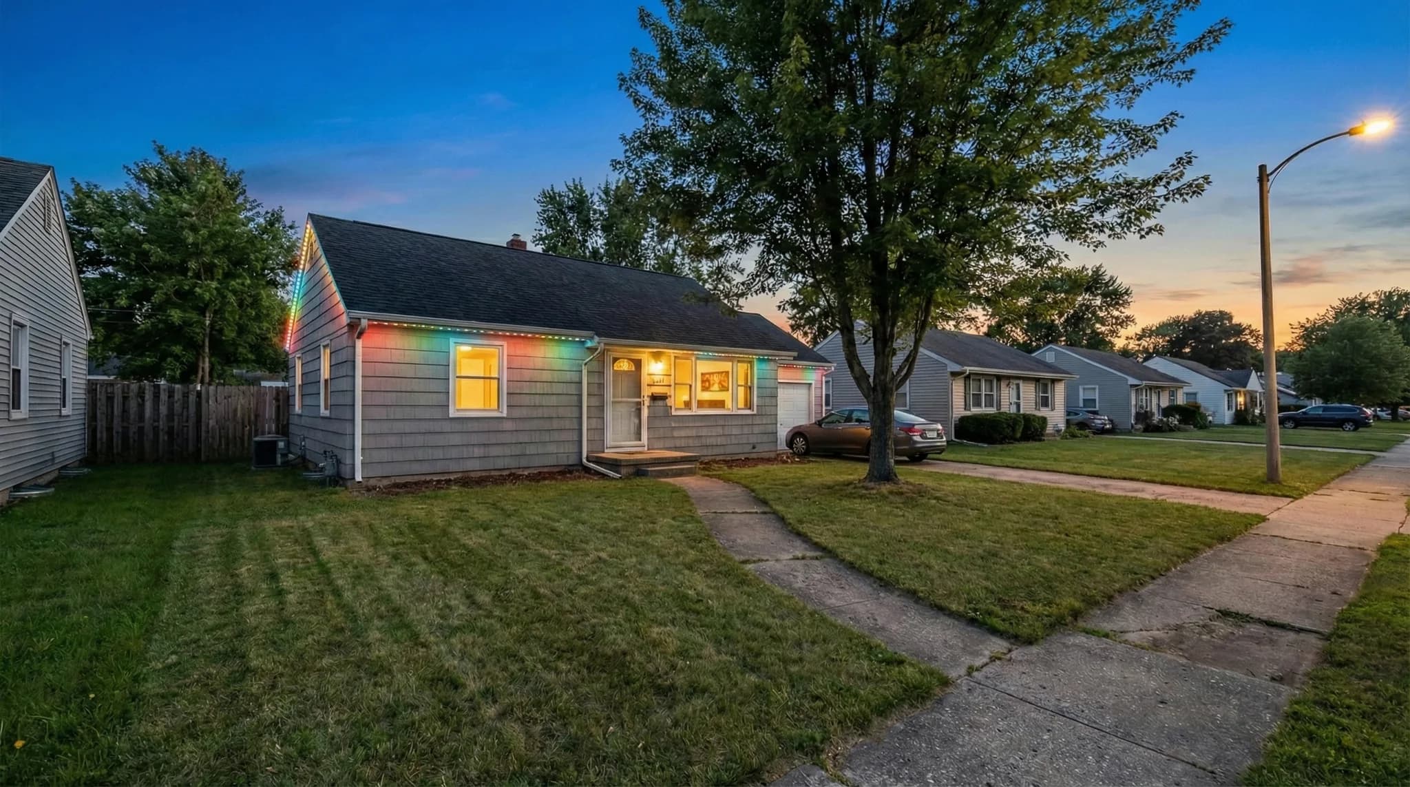 Same cape cod home with colorful RGB trim lighting