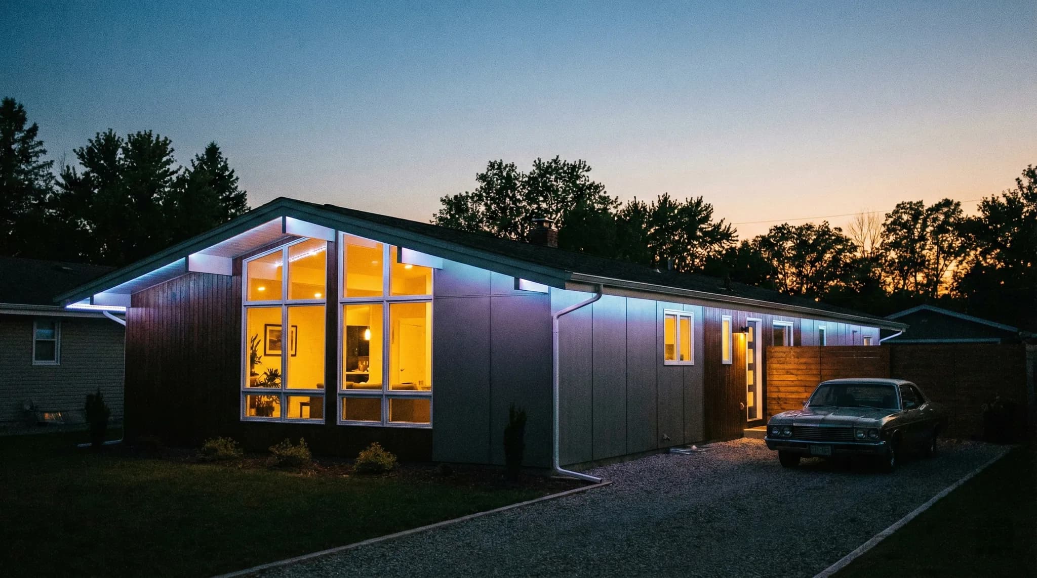 Mid-century modern home with cool white roofline LED lighting